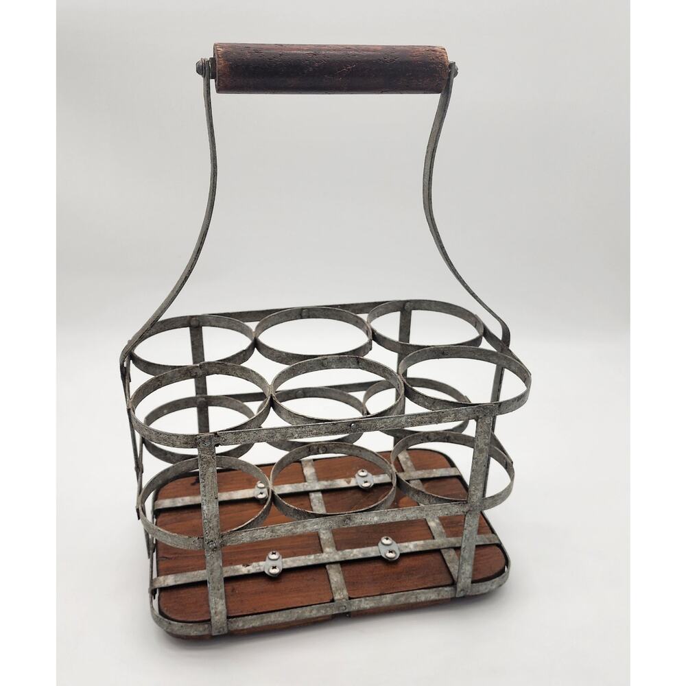 Vintage Milk Bottle Galvanized Carrier With Wood Handle and Bottom Home Decor
